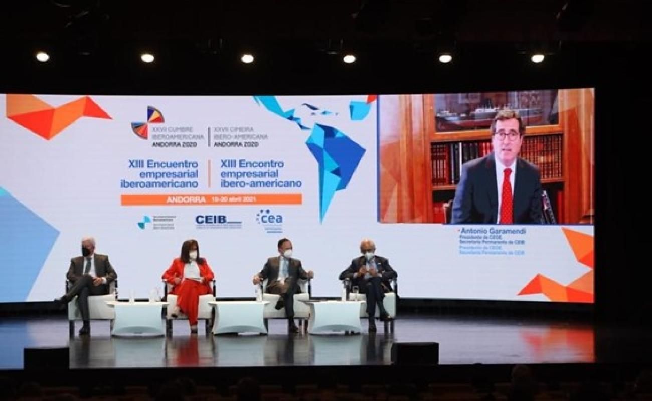 El presidente de CEOE, Antonio Garamendi, durante su intervención en la inauguración del Encuentro Empresarial Iberoamericano