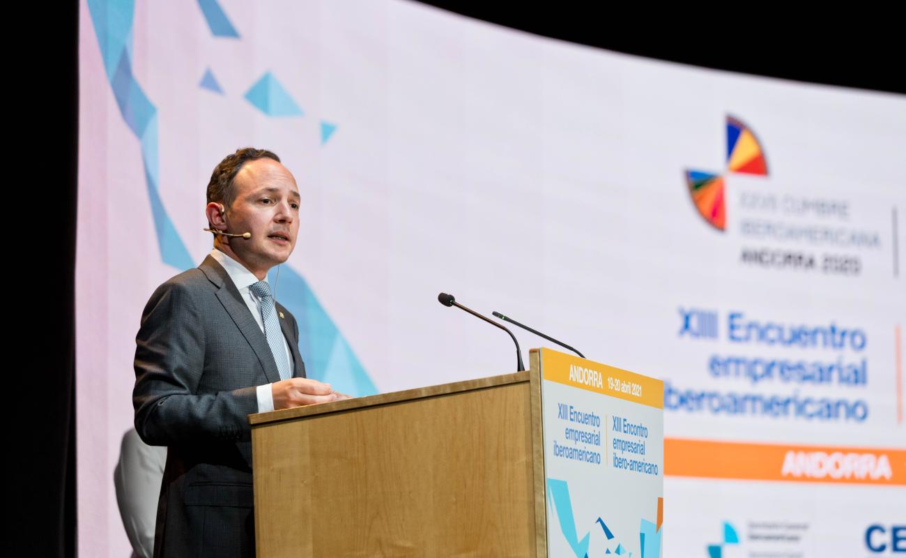 El jefe de Gobierno de Andorra, Xavier Espot, en su discurso de apertura del XIII Encuentro Empresarial Iberoamericano