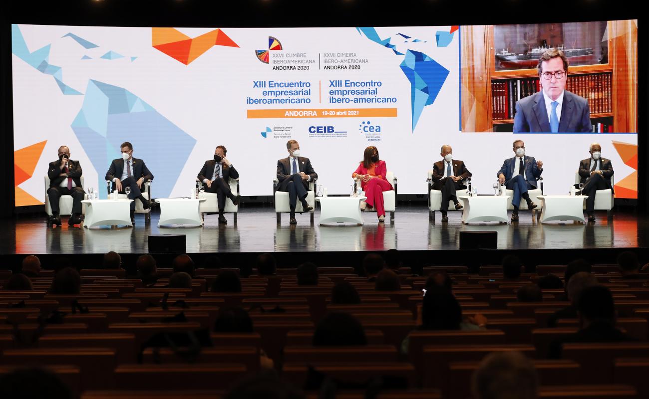 El presidente de CEOE, Antonio Garamendi, durante su intervención en la clausura del XIII Encuentro Empresarial Iberoamericano.