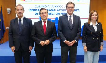 Andrés Allamand, José Manuel Albares, Antonio Garamendi y Amparo López durante la presentación del XVI Encuentro Empresarial Iberoamericano